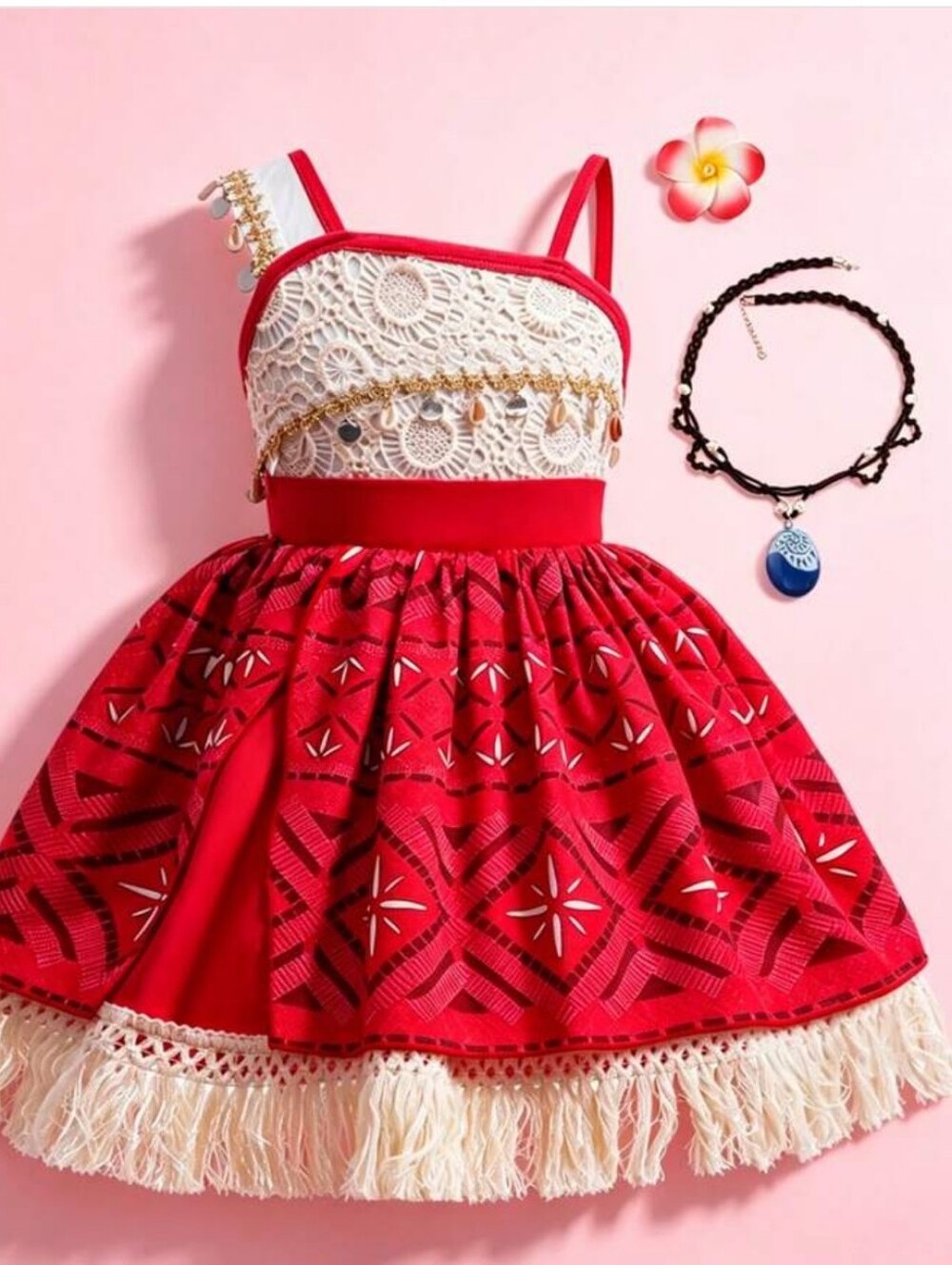 Moana Dress Up Skirted Dress with Crochet Bodice W/ Hair Flower And Necklace
